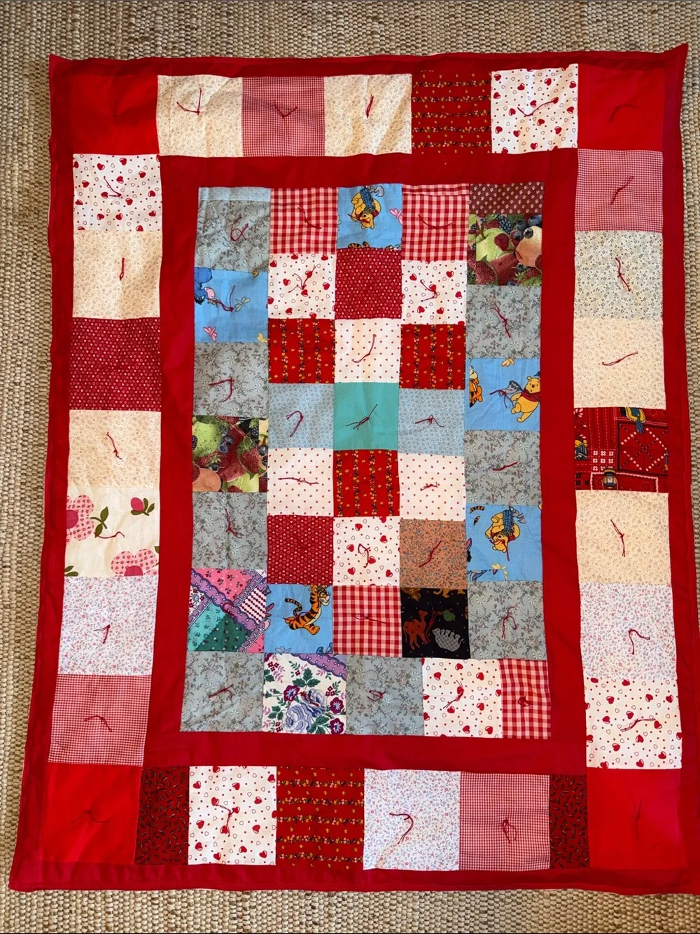 Handmade Patchwork Quilted Throw - Red Multicolor Mulipatterned Kids Winnie